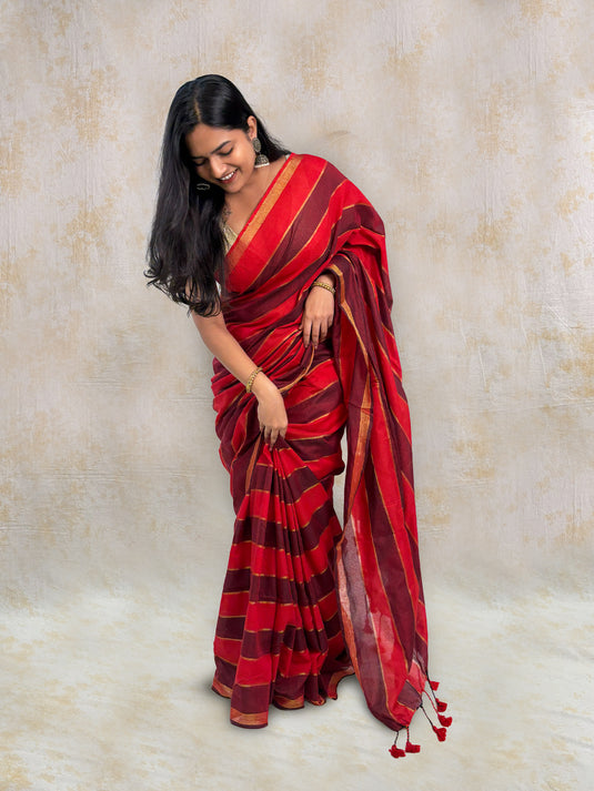 Red Cotton Zari Woven Saree