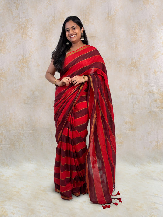 Red Cotton Zari Woven Saree