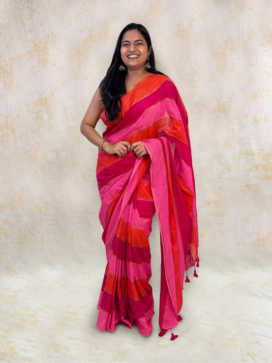 Pink Cotton Zari Woven Saree