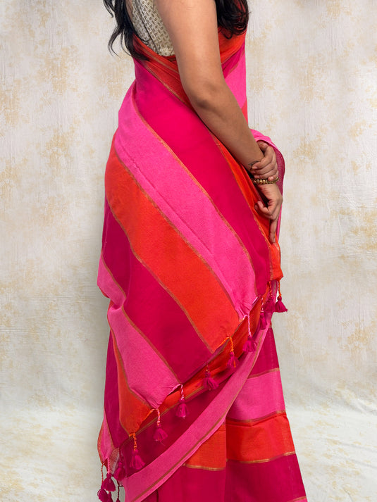 Pink Cotton Zari Woven Saree