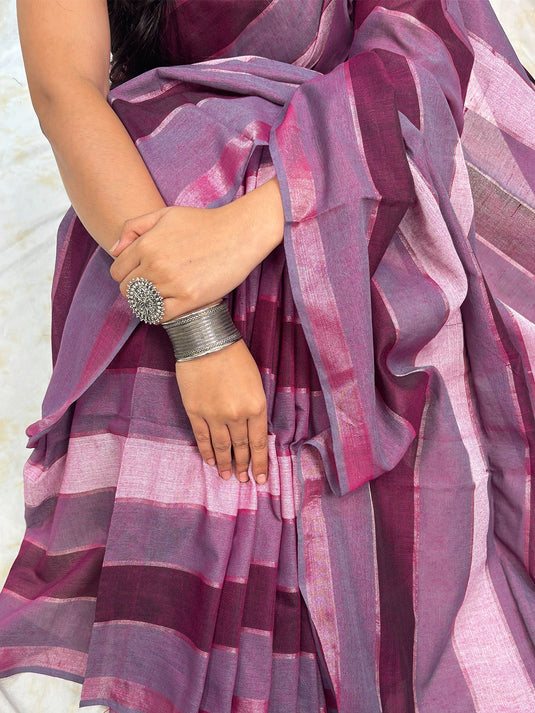 Wine Cotton Zari Woven Saree