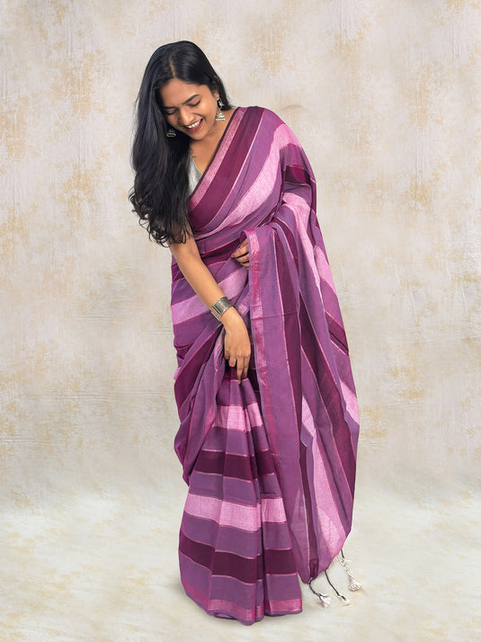 Wine Cotton Zari Woven Saree
