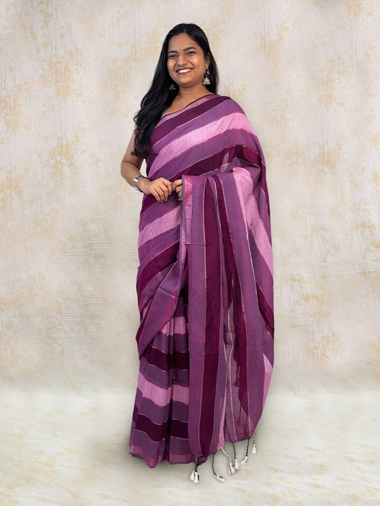 Wine Cotton Zari Woven Saree