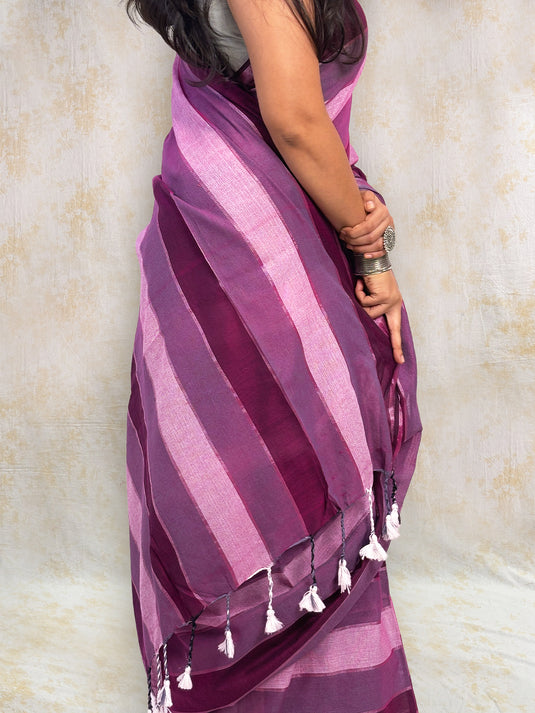 Wine Cotton Zari Woven Saree