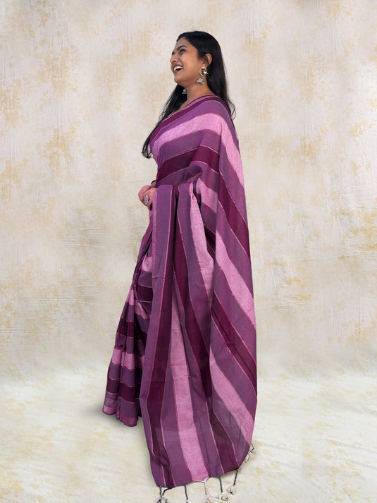 Wine Cotton Zari Woven Saree