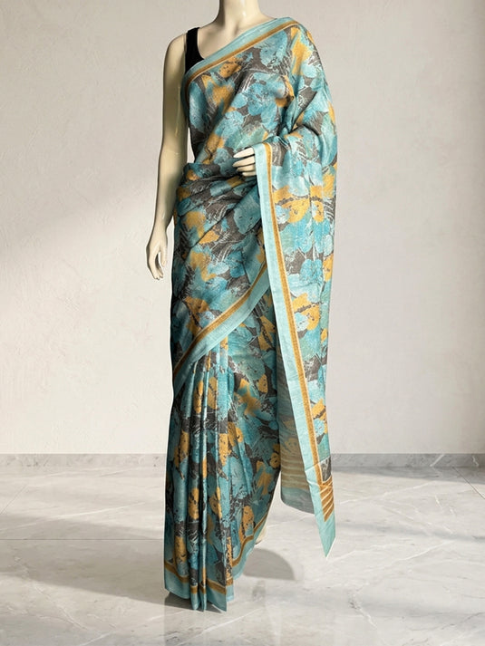 Blue Tussar Printed Saree