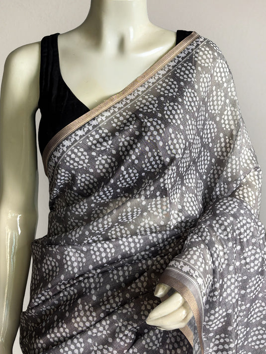 Grey Cotton Printed Saree